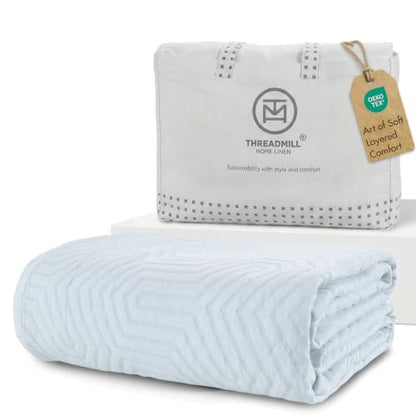 Threadmill Luxury Cotton Blankets for Queen Size Bed | All-Season 100% Cotton Queen Size Blanket | Aster Jacquard Cozy Lightweight, Soft Breathable Coverlet fits Full Size Bed, 90x92 | Light Blue - color: Aster Light Blue, size: Queen / Full