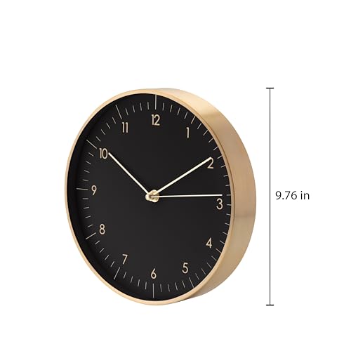 Modern Silent Quartz Wall Clock, 10in, Black & Gold | Chic & Minimalist, Non-ticking, Analog, Arabic numerals, Easy-to-read, Battery operated, for Living Room, Mantel, Foyer - color: Black & Gold, 10"