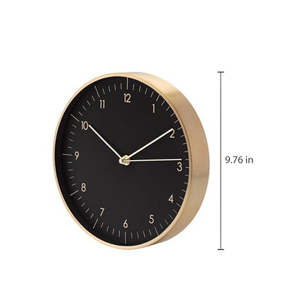 Modern Silent Quartz Wall Clock, 10in, Black & Gold | Chic & Minimalist, Non-ticking, Analog, Arabic numerals, Easy-to-read, Battery operated, for Living Room, Mantel, Foyer - color: Black & Gold, 10"