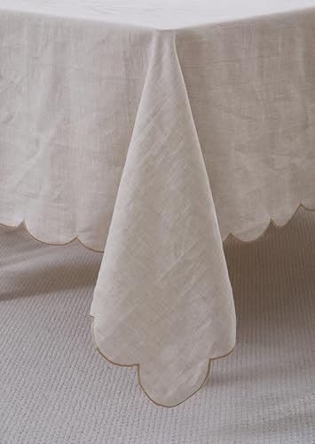 100% French Flax Linen Tablecloths Scalloped Embroidery Rectangle 132Lx60W Inch for Dinners, Parties, Spring, Machine Washable, 12-14 Sets, Linen(Edges-Gold) - color: Natural Linen(edges-gold), size: 132" x 60" (Rectangular)