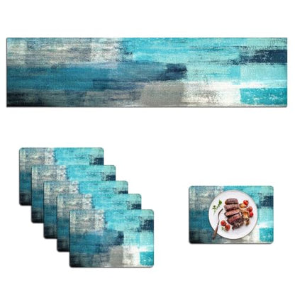 Mcalk Farmhouse Turquoise Table Runner and Placemats Set of 6 Pieces,Teal Turquoise Placemats Modern Art,Blue Grey Abstract Art Cloth Place Mats for Kitchen,Linen Material for Dining Table - color: 01turquoise