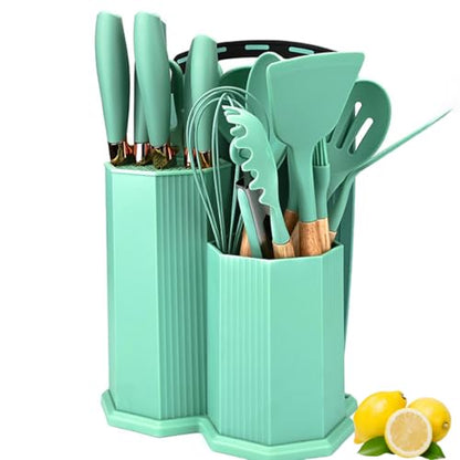 Kitchen Cooking Utensils and Knife Set with Holder Block, 19 Pieces Cooks Cutting Set 11 Pcs Silicone Cooking Utensils Sharp Stainless Steel Knives Scissors Whisk Tongs and Cutting Board (Purple) - color: Purple