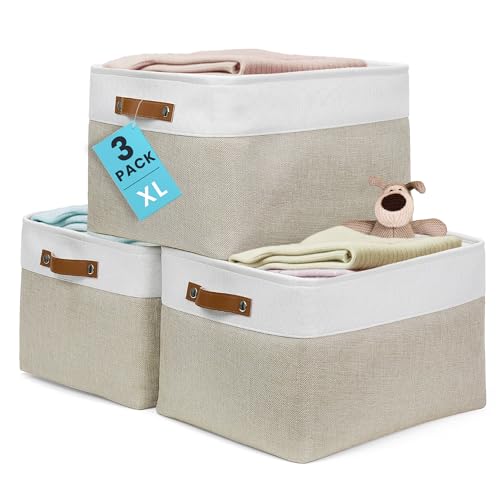 OrganiHaus 16x12.5in Storage Baskets, 3 Pack - Fabric Bins for Shelves | Vegan leather handles; a decorative linen closet organizer, towel and clothes container - color: Beige / Off-White, size: Extra Large - 3pc