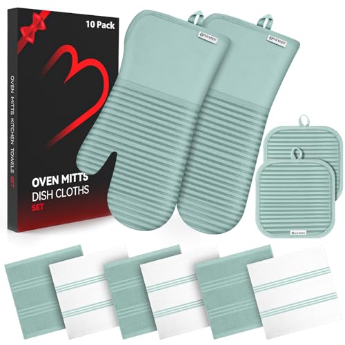 Oven Mitts and Pot Holder Sets with Silicone Grip, 500°F Heat Resistant-6 Pack Dishcloth/Dish Towels for Kitchen 100% Cotton-Value Kitchen Essentials for Cooking, Baking, Grilling-Mint Green - color: Mint Green