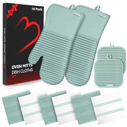 Oven Mitts and Pot Holder Sets with Silicone Grip, 500°F Heat Resistant-6 Pack Dishcloth/Dish Towels for Kitchen 100% Cotton-Value Kitchen Essentials for Cooking, Baking, Grilling-Mint Green - color: Mint Green