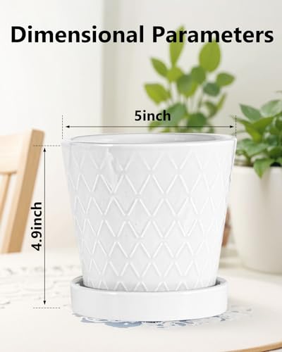 EFISPSS Flower Planter –5 inch Ceramic Plant Pots with Drainage Holes and Ceramic Tray - Gardening Home Desktop Office Windowsill Decoration Gift Set of 4 - Plants NOT Included (White) - color: White