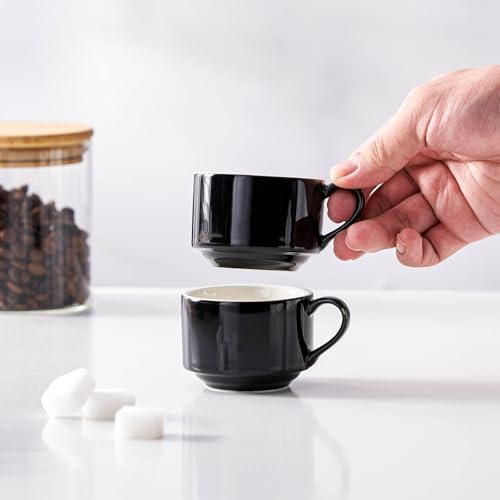 2.5oz Espresso Cups Set of 4, Small Stackable Coffee Cups with Saucers and Metal Stand, Ceramic Demitasse Cups, Cappuccino Cups for Coffee Drinks, Latte, Black - color: Black, size: 2.5oz