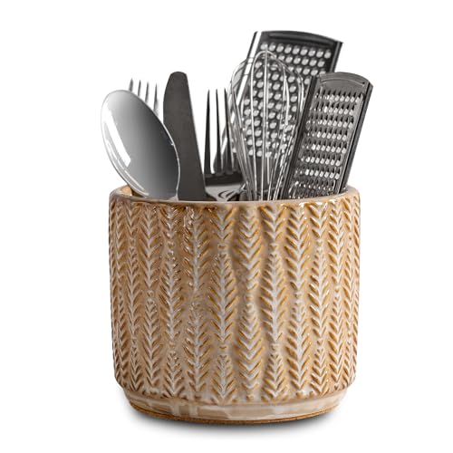 5.3-Inch Ceramic Utensil Crock Utensil Holder Countertop, Embossed Ceramic Storage Canister - with Non-Slip Cork Base, Rustic Farmhouse Multi-Purpose Desktop Organizer, Kitchen Decor(Wheat Brown) - color: Brown