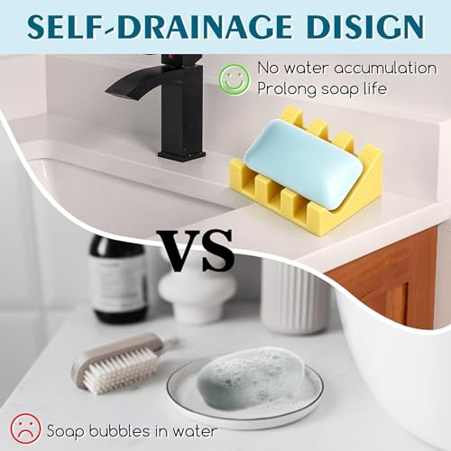 Silicone Soap Dish Self Draining with Suction Cups (Yellow,1 Pack) | Waterfall drainage design drains fast to keep soap dry silicone soap saver with reusable suction cups for bathroom & kitchen - color: Yellow, size: 1