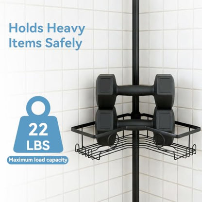 4-Tier Corner Shower Caddy Tension Pole Organizer, Black | Rustproof, Adjustable No-Drill Shelf, 22.24-119.69 in, Bathroom Storage with Soap and Toothbrush Holders, Towel Bar and Hooks