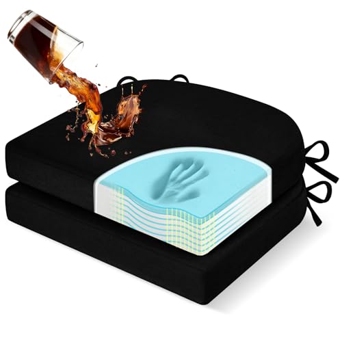 downluxe Chair Cushions for Dining Chairs, Memory Foam Linen Kitchen Chair Pads with Ties, Waterproof, Stain-Resistant and Washable Cover, 17" x 16" x 2.5", Black, 2 Pack - color: Black, size: Pack of 2