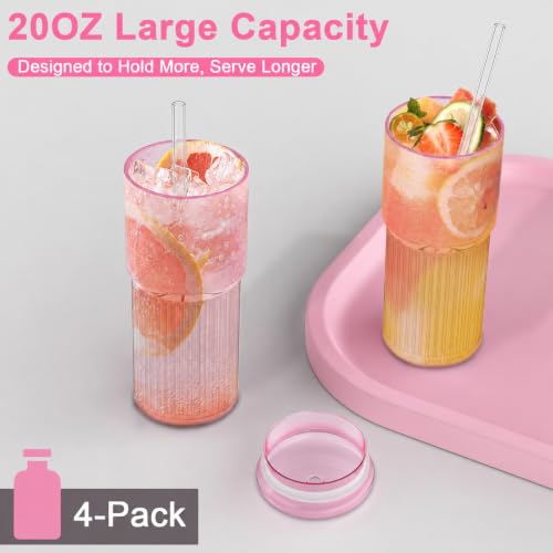 Luiaiog Glass Cups with Lids and Glass Straws, High Borosilicate 20OZ Pink Tumblers (2Pcs) for Coffee, Tea, Juice, Smoothies, Hot & Cold Drinks at Home/Office - color: Pink 2pcs 20oz