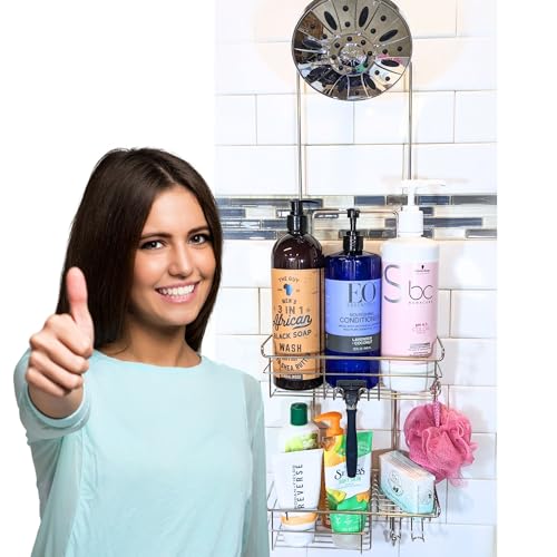 Gecko-Loc Extra-Long Adjustable Over-the-Showerhead Shower Caddy – Rustproof Stainless Steel Organizer with Suction Stabilizer, Deep Basket & Hooks – No-Drill, Tool-Free Installation (Silver) - color: Chrome