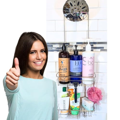 Gecko-Loc Extra-Long Adjustable Over-the-Showerhead Shower Caddy – Rustproof Stainless Steel Organizer with Suction Stabilizer, Deep Basket & Hooks – No-Drill, Tool-Free Installation (Silver) - color: Chrome