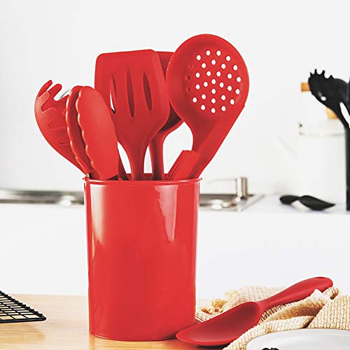 9 Piece Silicone Kitchen Utensil Set with Storage Holder - Non Stick Cooking Tools, Turner, Spatula, Heat Cookware, Red