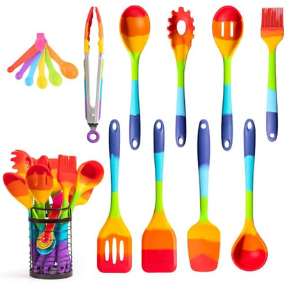 11-Piece Rainbow Silicone Spatula Bundle with Holder & Measuring Spoons – Multicolor Heat-Resistant Cooking Utensils for Nonstick Cookware – Flexible Turner, Spoon, Spatula, Brush, FDA Safe