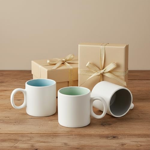 12oz White Ceramic Coffee Mugs, Set of 4 | Pastel glazed interior, wide handles, for latte, tea & cocoa, microwave & dishwasher safe
