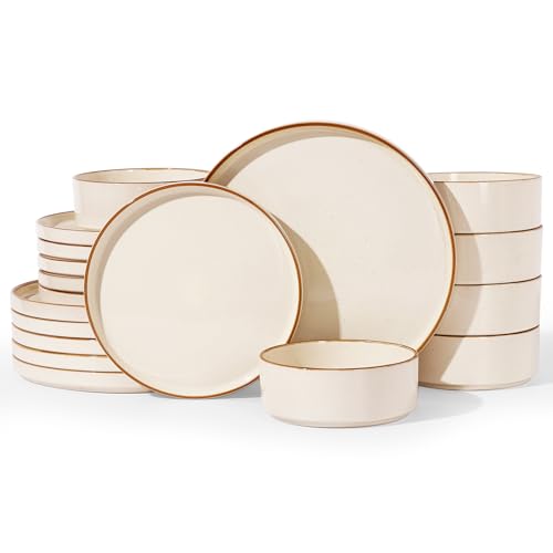 Famiware Nebula 18-Piece Dinnerware Set, Vanilla White with Brown Rim | Stoneware Dish Set for 6, Plates and Bowls, Microwave and Dishwasher Safe, Chip and Scratch Resistant - color: Vanilla White with Brown Rim, size: Service for 6 (Standard Dinner Set)