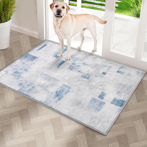 COMSLE Door Mat, Front Door Mat Indoor for Entrance Faux Wool Absorbent Non Slip Modern Throw Rug for Entryway Hallway Muddy Paws - Pet Friendly, 20x32 Inches,Square Blue Machine Washable - color: Square Blue/Gray, size: 1'8" x 2'8" (Rectangular)