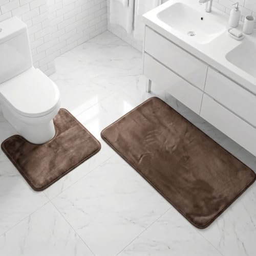 Muddy Mat® Memory Foam Bath Mat Set 2 Piece – Velvet Soft Non Slip Bathroom Rugs Set, Thick Absorbent Washable Bath Mats for Bathroom Floor and Shower, Brown 20"x30" + 20"x20" U-Shaped - color: Chocolate Brown