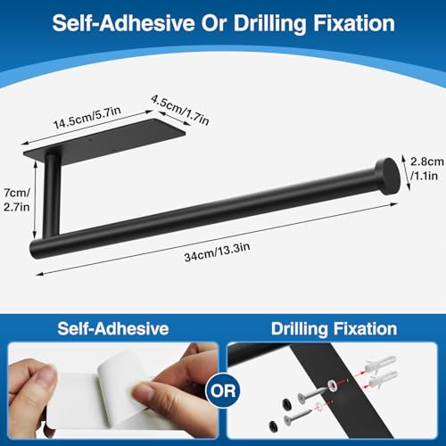 Paper Towel Holder,Self-Adhesive or Drilling， Matte Black, 1 Pack | SUS304 Stainless Steel,Kitchen Roll Dispenser Under Cabinet，Wall Mounted Rack - color: Black