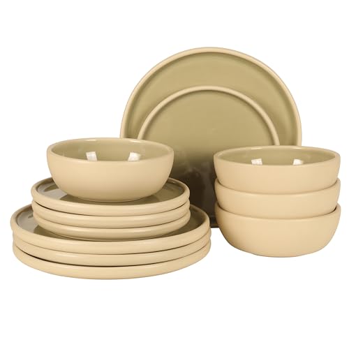 Gibson Elite - Made in Portugal - Port Gaia 12 Piece (Service for 4) Plates and Bowls Reactive Glaze Dishes Stoneware Ceramic Dinnerware Set - Grey - color: Grey (Port Gaia Dinnerware)