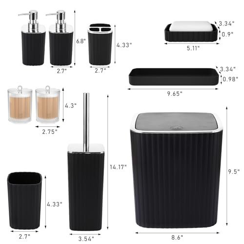 XLHOMO Bathroom Accessories Set - Gorgeous Bathroom Set, 10PC Black Bathroom Accessory Set, Toilet Brush, Trash Can, Qtip Holder & Soap Dispenser - size: Bath Set, style: Black&Silver