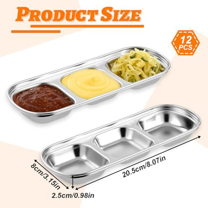 12 Packs Stainless Steel Divided Dip Bowls Soy Sauce Dishes, Divided Serving Tray Chip and Dip Serving Set, 3 Compartment Sauce Plate Seasoning Dipping Condiment Tray for BBQ Vinegar Spice Sugar