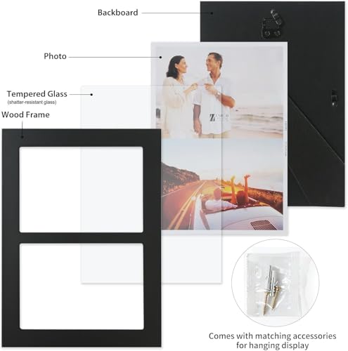 5x7 2-Opening Collage Frame Black Wood | Two 5x7 openings, shatter-resistant glass, tabletop & wall mount - size: 5x7 - 2 Opening