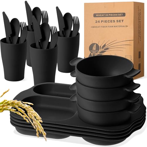 Honoson 24 Pcs Wheat Straw Dinnerware Cutlery Set, Service for 4, Unbreakable Plates and Bowls Set - Divided Plates, Bowls, Spoons, Forks & Knives, Microwave & Dishwasher Safe(Black) - color: Black