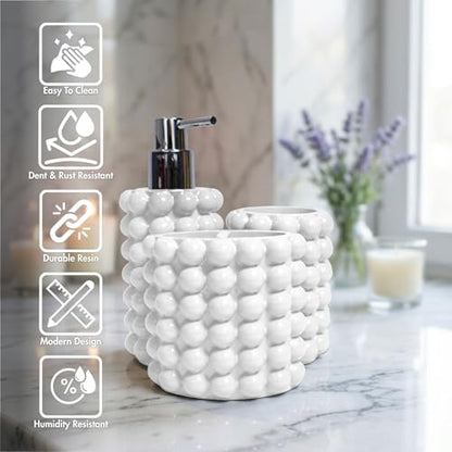 Better Trends Bathroom Accessories Set 3 Pieces Resin Bubble Textured Soap Dispenser, Toothbrush Holder & Tumbler for Vanity, Kitchen Sink & Countertop Organization White Nova Collection - color: White