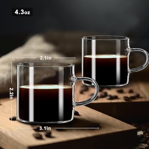 PARACITY Espresso Shot Glass Set of 2, 4.3 fl oz Clear Cups with Handles | Borosilicate bodies fit semi-automatic and pod machines, holding 3-4 shots for americano, latte, cappuccino, mocha or foam - size: 4.3 Ounces