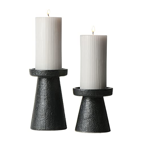 Main + Mesa Stoneware Pillar & Taper Candle Holders, Set of 2 - color: Black, size: Set of 2