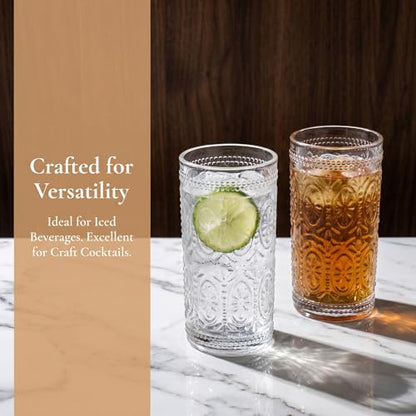 Bekith 6 Pack Romantic Drinking Glasses, 12 oz Highball Glasses, Thick Water Glasses, Tall Glass Cups for Beverages, Beer, Cocktail, Vintage Glassware Set for Dinner Parties, Bars, Restaurants