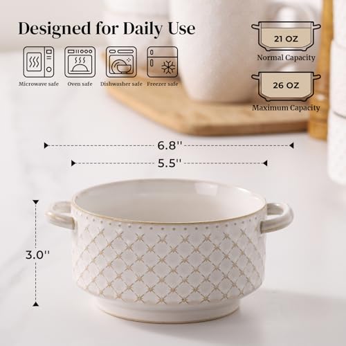 DOWAN Soup Bowls with Handles, Oven Safe French Onion Soup Bowls, 26 oz Large Soup Bowl for Chilli, Beef Stew, Ceramic Soup Crocks Set of 4, Microwave & Dishwasher Safe