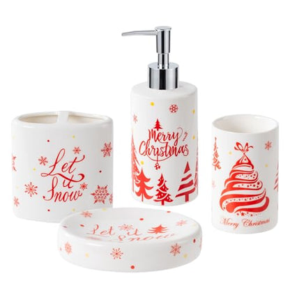 Christmas Bathroom Accessories Set, 4-Piece Ceramic Bathroom Accessory Set Include Lotion Dispenser, Toothbrush Holder Tumbler, and Soap Dish (White) - color: White