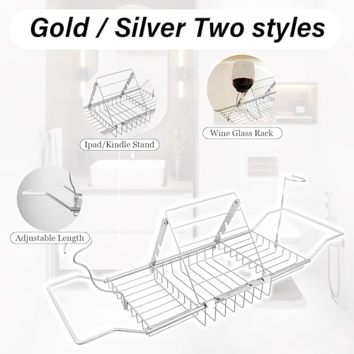 Bathtub Caddy Tray, Expandable Bath Tub Table with Removable Book Holder Red Wine Rack Holder, for Home Kitchen Bathroom, Sliver - color: Sliver