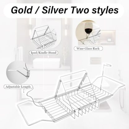 Bathtub Caddy Tray, Expandable Bath Tub Table with Removable Book Holder Red Wine Rack Holder, for Home Kitchen Bathroom, Sliver - color: Sliver