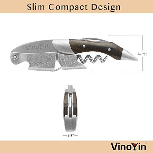 All In One Waiter's Corkscrew Gift Set - Stainless Steel with Ebony Wood Inlay - Includes Wine & Beer Bottle Opener and Foil Cutter, with Gift Box by VinoYin
