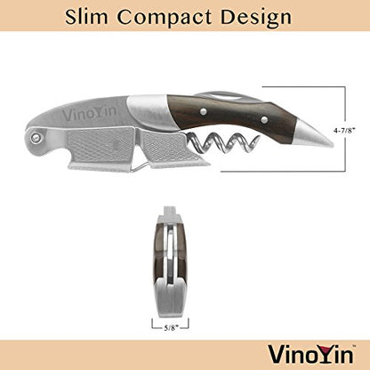 All In One Waiter's Corkscrew Gift Set - Stainless Steel with Ebony Wood Inlay - Includes Wine & Beer Bottle Opener and Foil Cutter, with Gift Box by VinoYin