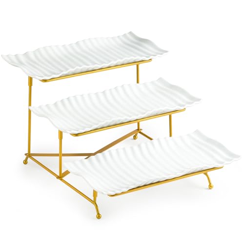 LAUCHUH 3 Tier Trays Stand, Porcelain Tiered Serving Trays Serving Stand | Serving Platters with Collapsible Sturdier Stand Dessert Table Display Set for Thanksgiving Christmas Party, Gold, 12.2 Inch - color: Gold, size: 12.2 inch