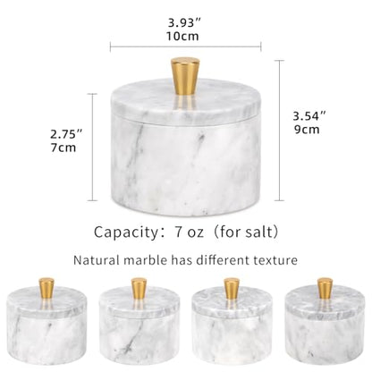 Marble Salt Cellar with Lid, White Grey, 4 inch | Natural Stone, Salt Pepper Box, Gold Alloy Handle, Kitchen Countertop Storage, Multi-Use, Sugar Spice Seasoning Container - color: White Grey
