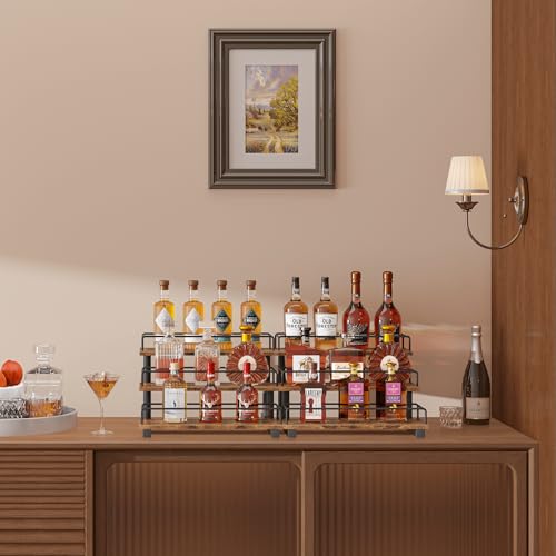 Liquor Bottle Display Shelf, 3 Tier Coffee Syrup Rack Organizer | Wine Rack Countertop, Home Retro Bar Shelf Stand Holder for Liquor Whiskey Spirits, Mini Bar, Liquor Cabinet, Rustic Brown