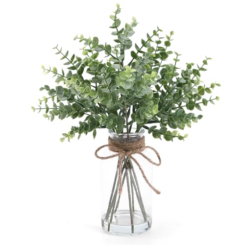 Coferset Eucalyptus Stems in Glass Vase with Faux Water, Sage Green | 14" Eucalyptus Potted Fake Plants for Home Bathroom Counter Office Desk Farmhouse Shelf Coffee Table Decor - color: Green