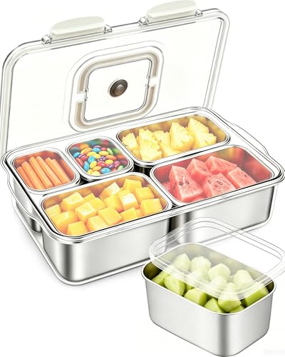 Snackle Box Container, Stainless Steel Divided Serving Tray with Lid and Handle, Large Snack Tray for Fruit Veggie Candy, 5-Compartment Snack Platter for Travel Party Beach Picnic - color: Silver, size: 5 Compartment (13.38"L x 9.25"W x 3.54"H)