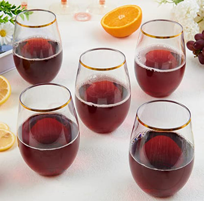 FOCUSLINE 20pcs 16 Oz Plastic Wine Glasses, Stemless Gold Rim, Heavy Duty Disposable Drinking Cups, Reusable Shatterproof for Party & Wedding | Thick and Durable, Shatter-Resistant, and Reusable; Ideal for Weddings, Parties, Toasts, and Various Celebratio