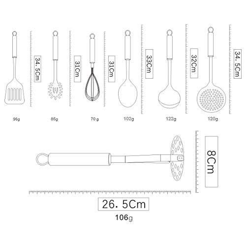 Berglander Cooking Utensil Set 8 Piece, Stainless Steel Kitchen Tool Set with Stand,Cooking Utensils, Slotted Tuner, Ladle, Skimmer, Serving Spoon, Pasta Server,Potato Maseher, Egg Whisk. （8 Pieces） - color: A. 8 Pieces
