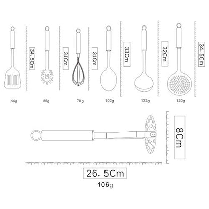 Berglander Cooking Utensil Set 8 Piece, Stainless Steel Kitchen Tool Set with Stand,Cooking Utensils, Slotted Tuner, Ladle, Skimmer, Serving Spoon, Pasta Server,Potato Maseher, Egg Whisk. （8 Pieces） - color: A. 8 Pieces