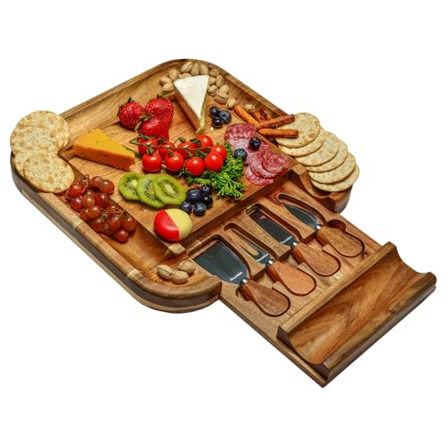 Picnic at Ascot Personalized Engraved Acacia Cheese/Charcuterie Cutting Board with Knife Set & Cheese Markers- Designed & Quality Checked USA