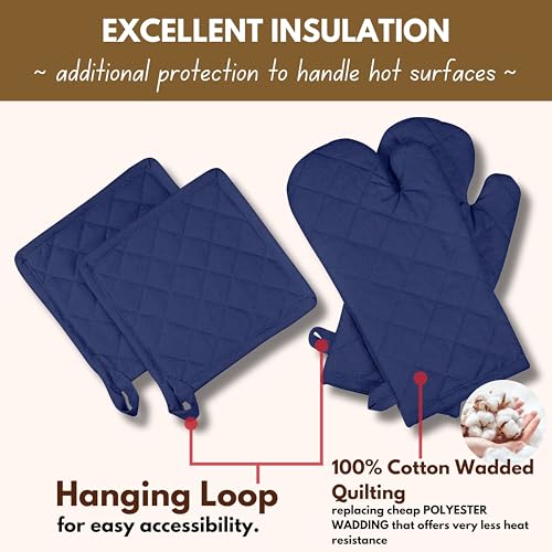 Native Fab 4 Piece Set - 2 Oven Mitts & 2 Potholders, Heat Resistant, 100% Cotton, Quilted Design, Non-Slip Grip, Machine Washable, Ideal for Baking, Cooking, BBQ, Kitchen Protection - Ink Blue - color: Indigo Blue